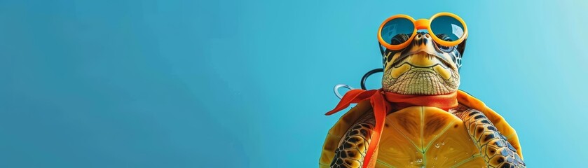 A turtle dressed as a lifeguard with sunglasses and a whistle, standing upright, against a blue background with copy space