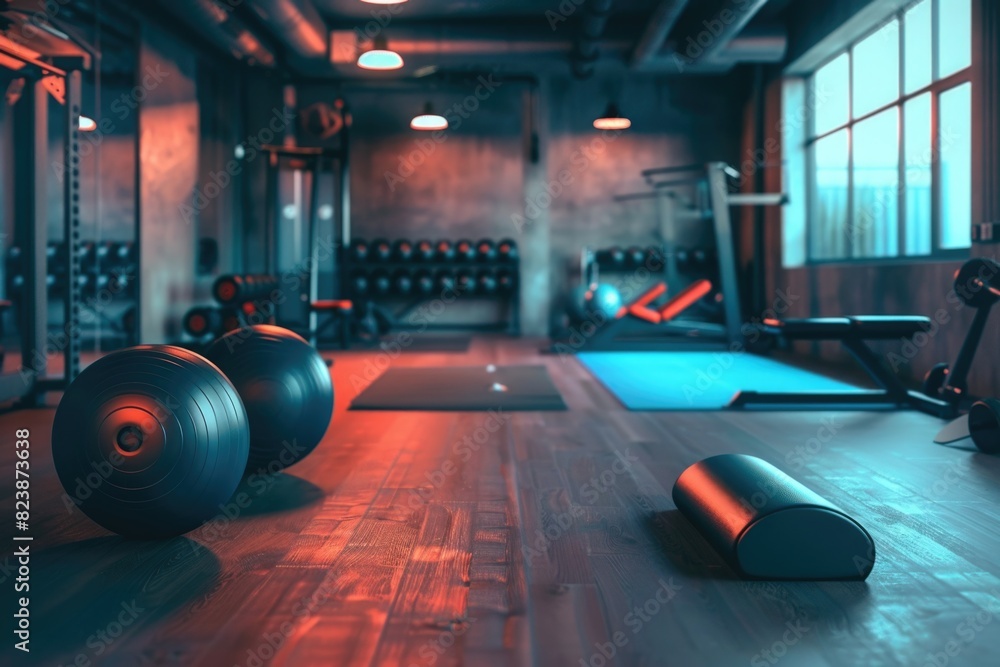 Poster a row of exercise balls in a gym room. great for fitness and workout concepts