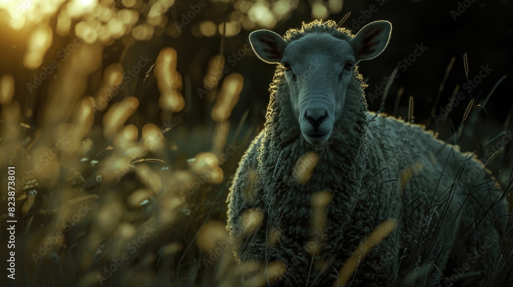 Poster a sheep standing in a field of tall grass. suitable for agricultural themes