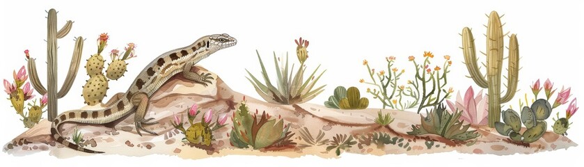 A water color of a skink, basking on a sunwarmed rock, in a desert landscape with cacti and sand dunes, Clipart isolated on white