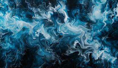 Abstract Blue and White Painting with a Black Background in the Watercolor Art Style, A closeup of an abstract blue and white painting with swirling patterns