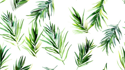 Fototapeta premium Seamless watercolor pattern featuring various tropical green leaves on a white background. Ideal for backgrounds, wallpapers, textiles, and artistic designs.