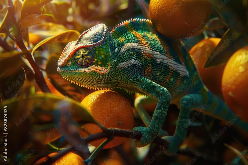 Poster a colorful chameleon perched on an orange tree. suitable for nature and wildlife concepts