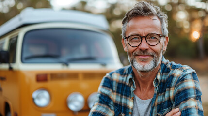 Portrait of mature man in front of camper van on the vacation
