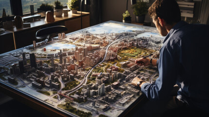 Obraz premium An architect closely analyzes a model of an urban cityscape while working in an office