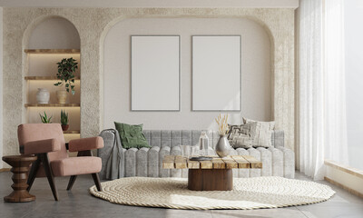 mock up poster frame in modern interior background, living room. 3D render, 3D illustration