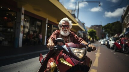 Joyful senior man with stylish beard riding a motor scooter in a vibrant urban environment