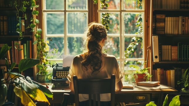 A writer drafting a novel on a vintage typewriter, with a cozy, bookfilled room and a large window offering a view of a serene garden