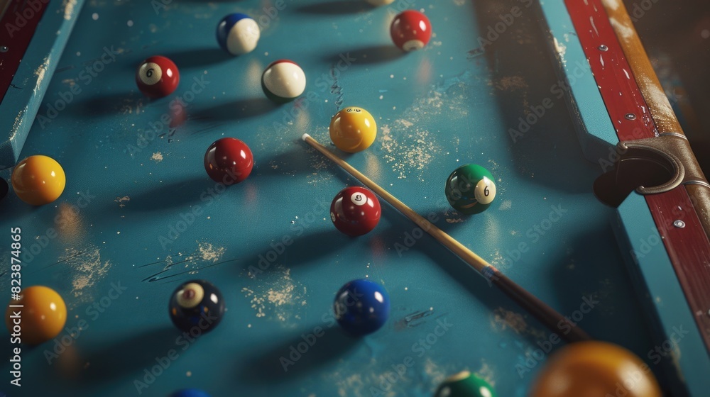 Poster A pool table with colorful balls and a cue. Ideal for sports and leisure concepts