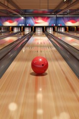 A red bowling ball resting on a bowling alley lane. Ideal for sports and recreational concepts