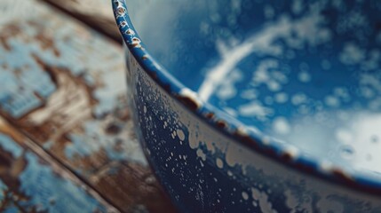 Blue bowl on wooden table, perfect for kitchen decor