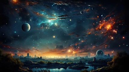 An artistic illustration of a surreal cosmic event with meteors over a serene landscape