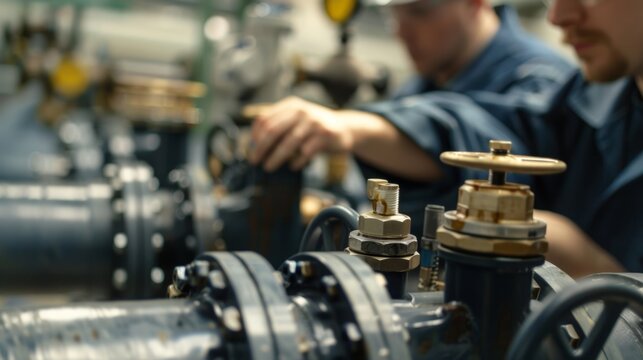 A group of engineers testing and calibrating large pipes and valves that will eventually connect to the main industrial water system.