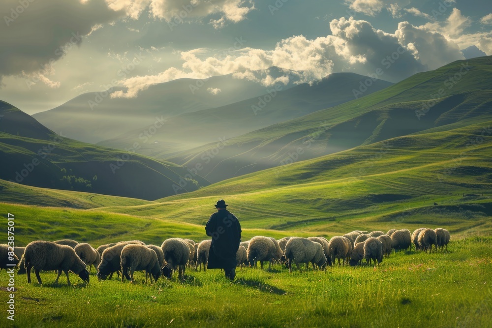Poster a man standing in front of a herd of sheep, suitable for agricultural or nature-related concepts