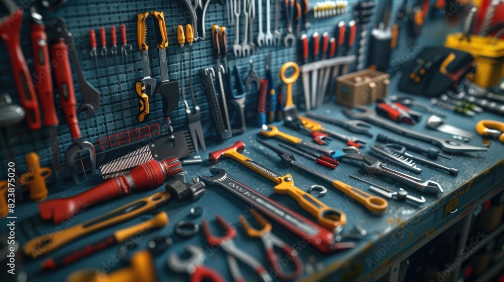 Poster collection of tools on a table, ideal for diy projects