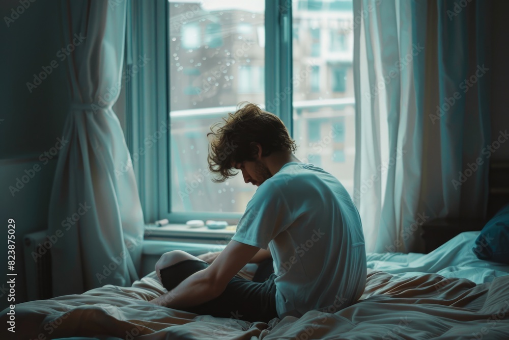 Poster a man sitting on a bed in front of a window. perfect for illustrating relaxation at home