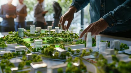An urban planner presenting a sustainable city design proposal to a council, using augmented reality to showcase green spaces and ecofriendly infrastructure