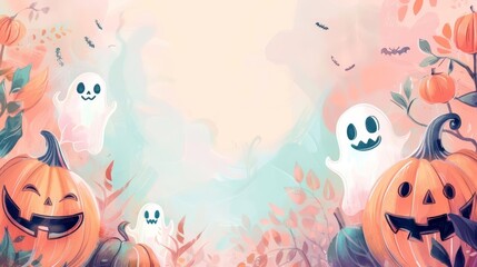 Blank vintage card for Halloween, highlighting elements of pumpkins and ghosts in pastel styles, with big copy space in the center for text