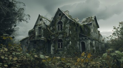Wide-angle shot of an old, abandoned house overgrown with ivy, crumbling walls, broken windows, overcast sky, eerie yet captivating atmosphere, finely detailed CG 3D rendering