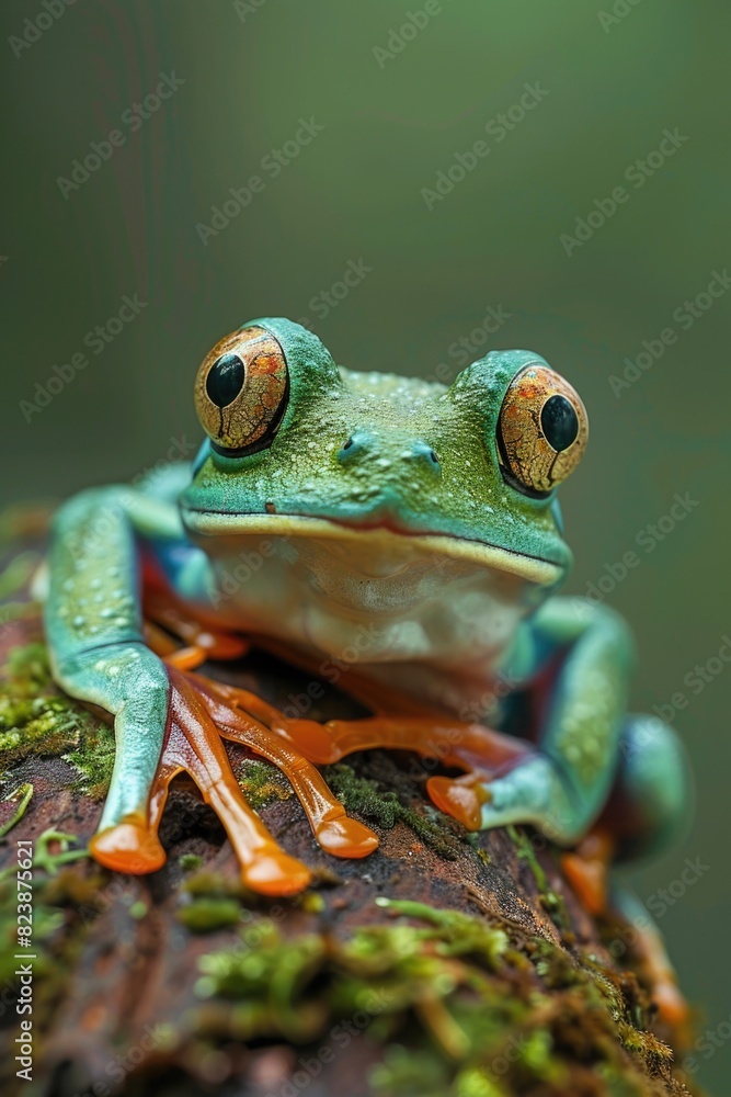 Poster a frog perched on a tree branch, suitable for nature-themed projects