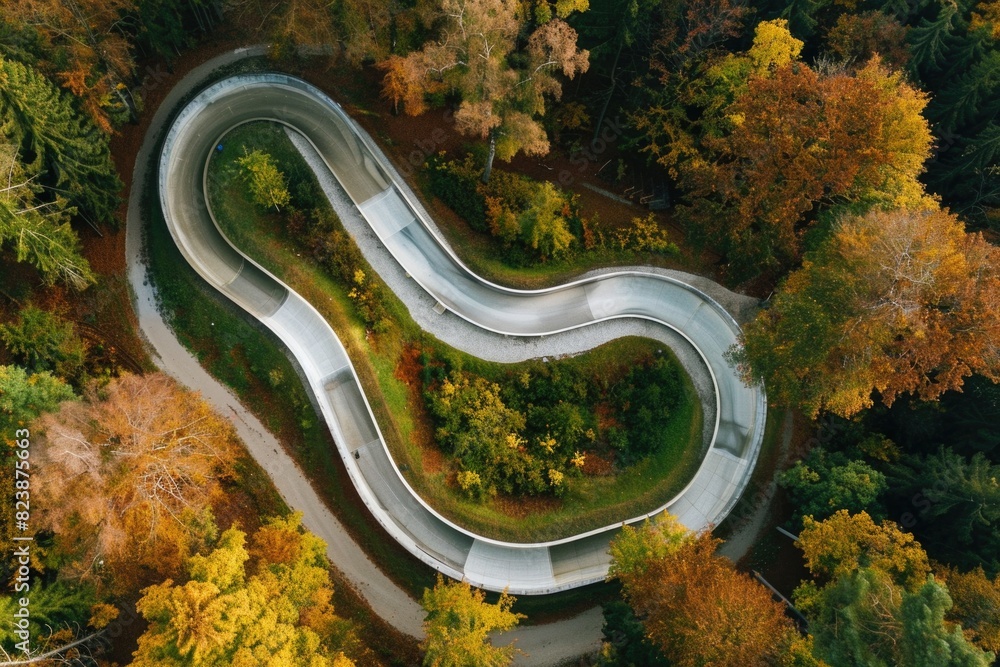 Poster aerial view of a winding road surrounded by trees. suitable for transportation or nature concepts