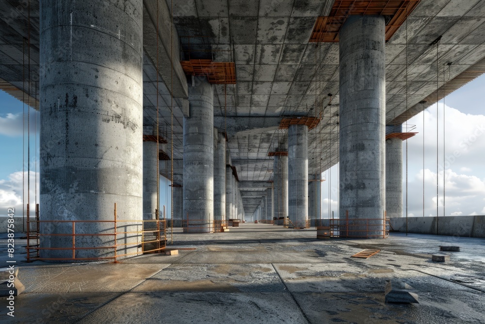 Poster a large concrete structure under a cloudy blue sky. suitable for architectural and industrial concep