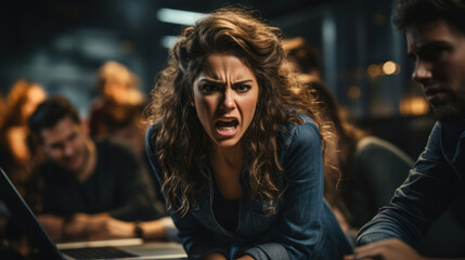 Fototapeta premium A woman expresses intense anger and frustration in a high-pressure office situation with onlookers