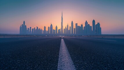 asphalt highway road and city skyline early morning light.