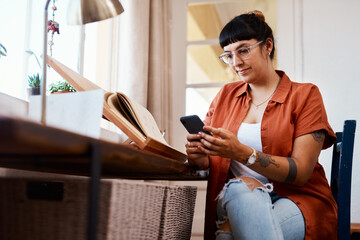 Happy, woman and fashion designer on phone for communication, discussion and planning at home....