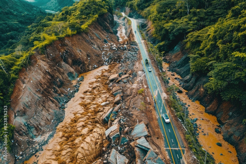 Aufkleber An aerial perspective of a road in need of repair. Suitable for infrastructure or transportation concepts