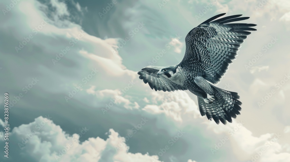 Poster A large bird soaring through the cloudy sky. Suitable for various nature-themed projects