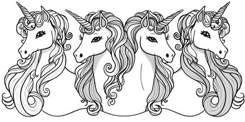 A group of three unicorns with beautiful long manes. Perfect for fantasy and magical themed designs
