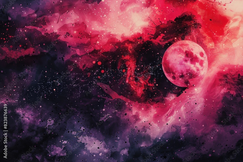 Poster stunning image of a red and purple galaxy with a full moon shining brightly. perfect for astronomy e