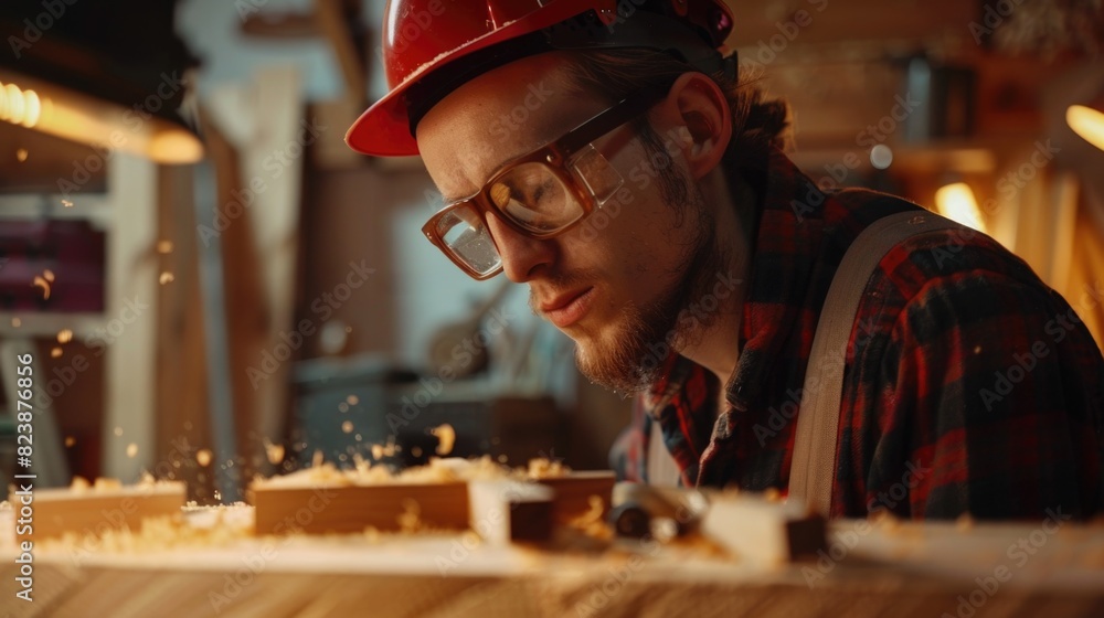 Poster a man in a hard hat and glasses working on a piece of wood. suitable for construction or carpentry c