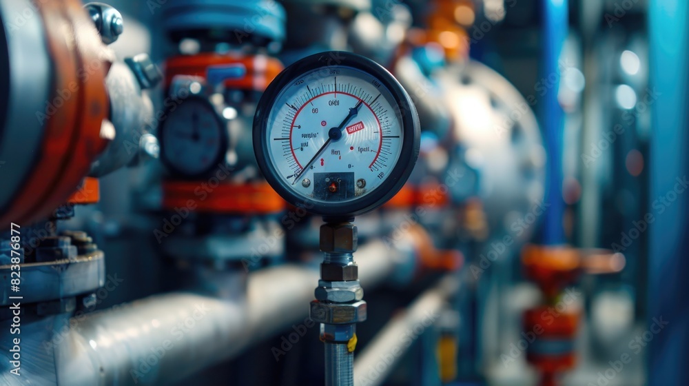 Poster close up of a gauge on a pipe. suitable for industrial and mechanical concepts