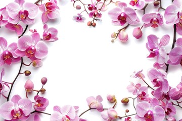 A beautiful frame of pink orchids on a clean white background. Perfect for floral designs or...