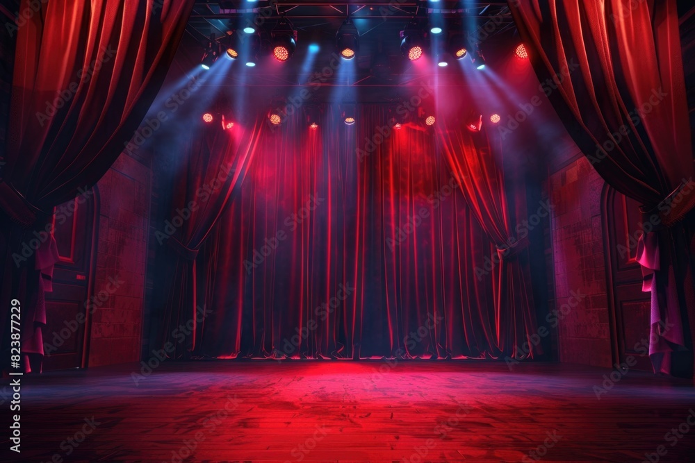 Poster a stage with red curtains and spotlights, perfect for theatrical or performance concepts