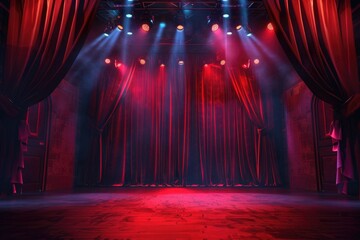 A stage with red curtains and spotlights, perfect for theatrical or performance concepts