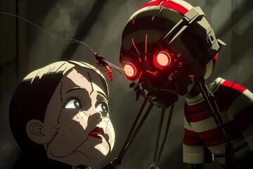 A close up of a girl looking at a robot boy with glowing red eyes.
