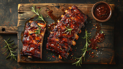 Slow cooked BBQ ribs with sauce serving on black plate.