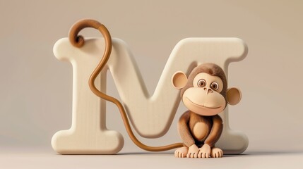 A monkey is sitting on top of the letter M