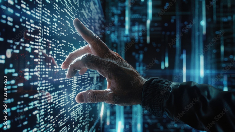 Poster A person touching a screen with a finger. Suitable for technology concepts