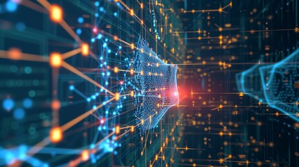 Fototapeta premium Dynamic abstract visualization of a digital network with glowing connections and data flow in a dark, futuristic setting.