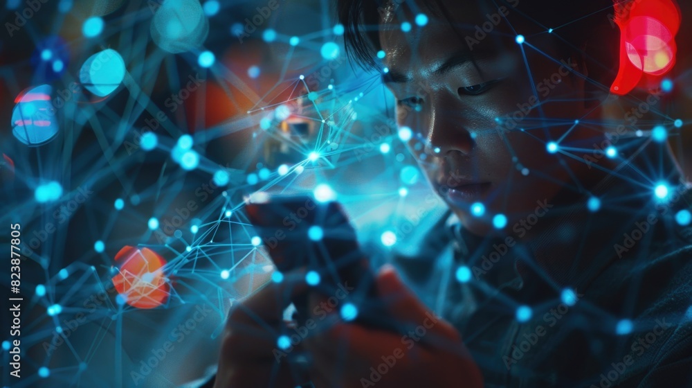 Poster woman looking at her cell phone with a network of lights in the background. suitable for technology 