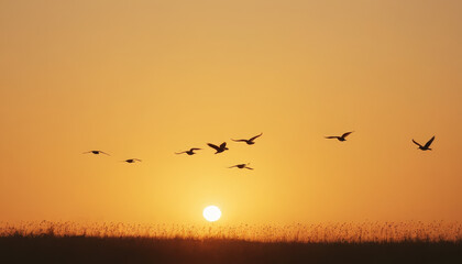 Fototapeta premium Birds fly in formation over a field as the sun sets, creating a scenic spectacle of nature