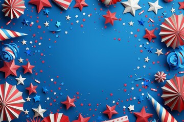Fototapeta premium Creative greeting cards blank template illustration of Independence Day, designed with 3D styles and elements of fireworks and flags, and big copy space in the center for text