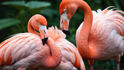 Two pink flamingos are seen standing next to each other