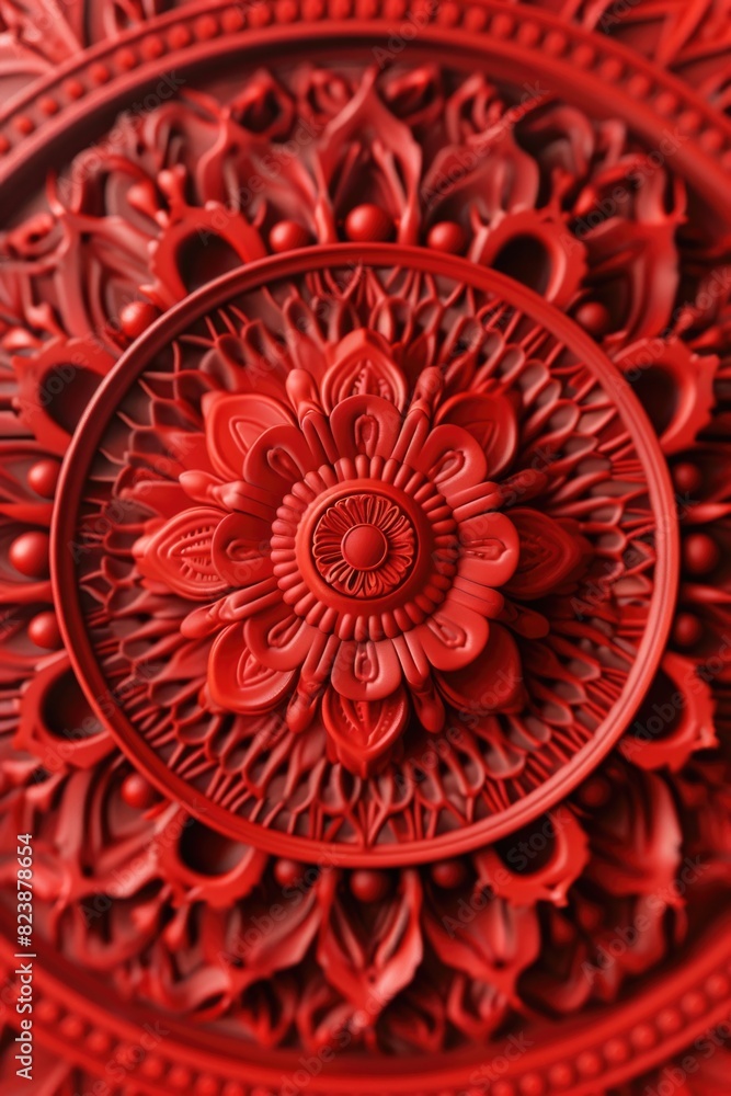 Poster A close up of a red plate on a table. Perfect for food and dining concepts