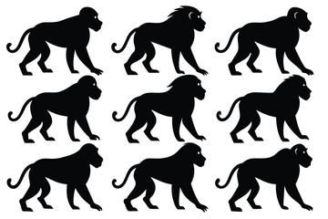 Set of baboon black silhouette vector on white background