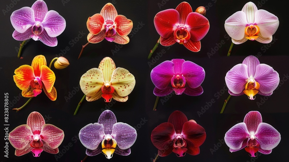 Poster vibrant orchids displayed on a sleek black background, ideal for various design projects